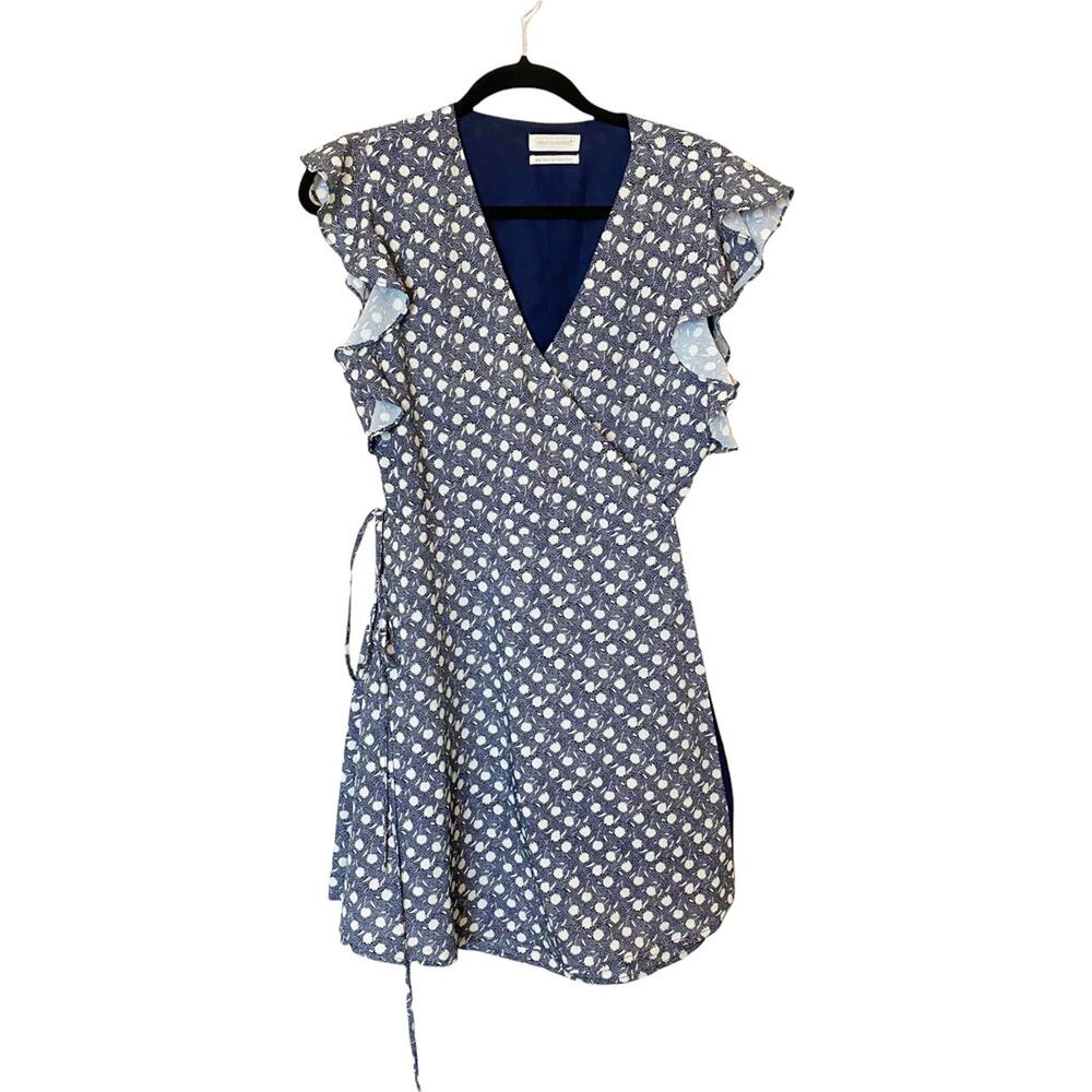 Urban Outfitters Polka Dot Wrap Ruffle-Sleeve Dress Blue Floral Tie V-Neck Sz M